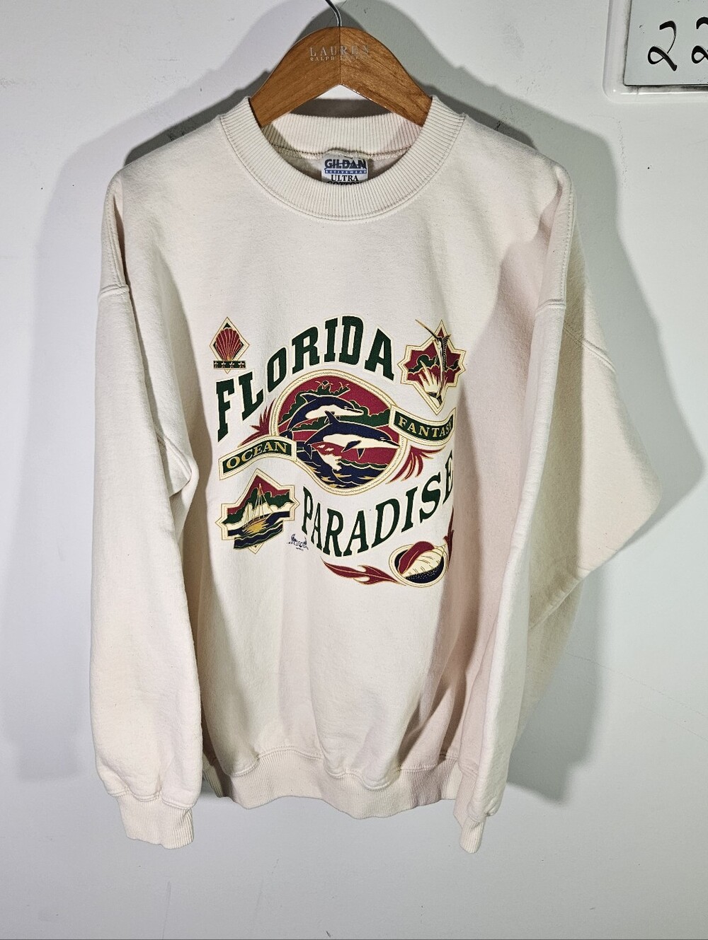 Vintage 90's Florida Paradise Dolphins Cream Crewneck Pullover Sweatshirt!